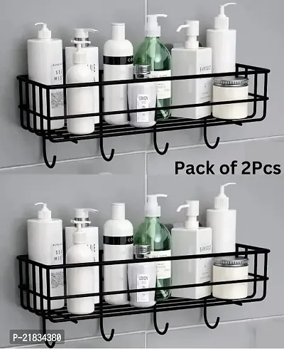 Bathroom Rack - Bathroom Shelves - Kitchen Storage ndash; Multipurpose Rack And Shampoo Holder With 4 hook - Adhesive Shower Caddy Metal Shelf Without Drilling (Black)(Pack of 2)