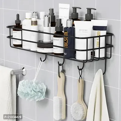 Bathroom Rack - Bathroom Shelves - Kitchen Storage ndash; Multipurpose Rack And Shampoo Holder With 4 hook - Adhesive Shower Caddy Metal Shelf Without Drilling (Black)(Pack of 1)