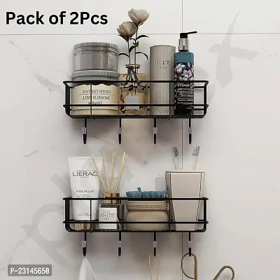 AD PLAST Bathroom Rack - Kitchen Storage Multipurpose Rack with Hooks - Adhesive Metal Shelf (Black) (Bathroom and Kitchen Shelves with Hook)(Pack of 2)
