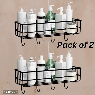 AD PLAST Bathroom Rack - Bathroom Shelves - Kitchen Storage ndash; Multipurpose Rack And Shampoo Holder With 4 hook - Adhesive Shower Caddy Metal Shelf Without Drilling (Black)(Pack of 2)