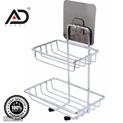AD PLAST  Double Layer Soap Dish Storage Organizer Holder and Stainless Steel Hook Self-Adhesive Stainless Steel Waterproof Kitchen Bathroom (Pack of 1)