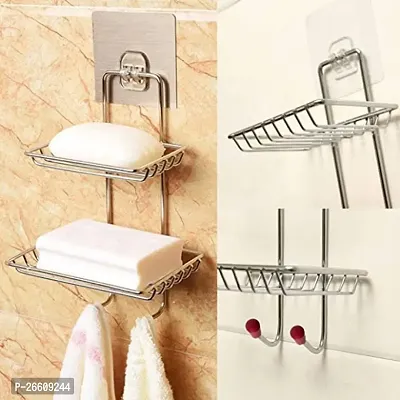 AD PLAST Self-Adhesive Stainless Steel Wall Hanging Soap Storage Rack -Soap Stand for Bathroom -Soap Dish Holder for Kitchen -Soap Case-Double Layer Soap Tray - Bathroom (Pack of 2)-thumb4