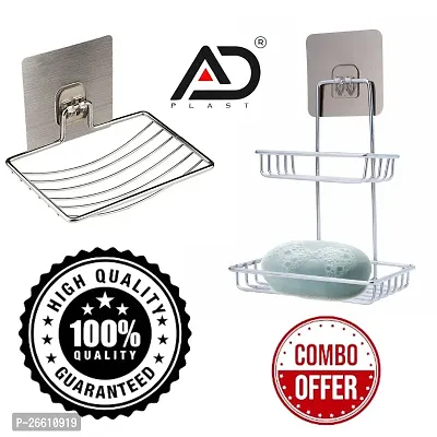 AD PLAST Double Layer Soap Holder  Single Layer Stand for Bathroom Shower Wall Kitchen Sink With Self Adhesive Sticker Storage Rack Hanging Waterproof Dish Box Case (Combo)-thumb0