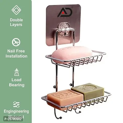 AD PLAST Self-Adhesive Stainless Steel Wall Hanging Soap Storage Rack -Soap Stand for Bathroom -Soap Dish Holder for Kitchen -Soap Case-Double Layer Soap Tray - Bathroom (Pack of 1)-thumb0