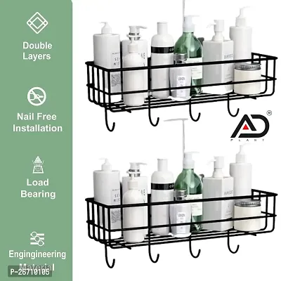 AD PLAST Bathroom Rack - Kitchen Storage Multipurpose Rack with 4 Hooks - Adhesive Metal Shelf (Black) (Bathroom and Kitchen Shelves with Hook)(Pack of 2)-thumb0