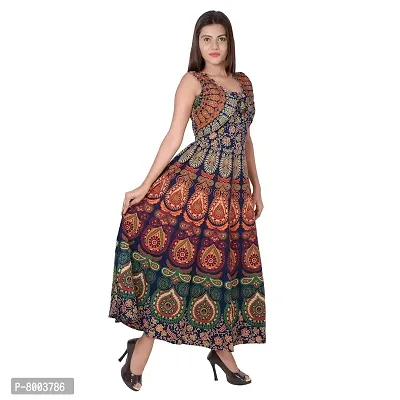Rangun Women's Cotton Jaipuri Printed A-Line Maxi Long Dress (JPDRES_158, Multicolor, Free Size)