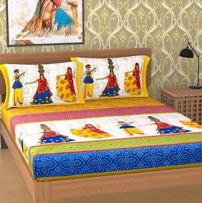 Cotton Ethnic Printed Double Bedsheet with 2 Pillow Cover