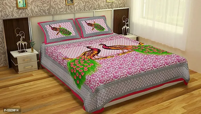 Comfortable Cotton Jaipuri Printed Double Bedsheet with Two Pillow Covers-thumb0