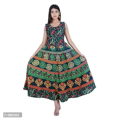 Rangun Presents Green Color Jaipuri Printed Long Women's Maxi one Piece Dress Free Size-thumb5