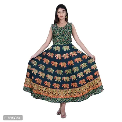 Rangun Presents Green Color Jaipuri Printed Long Women's Maxi one Piece Dress Free Size-thumb5