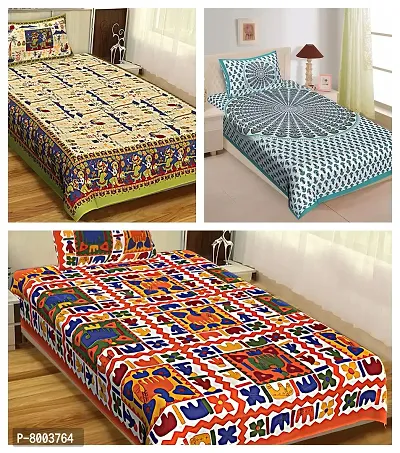 Rangun Combo of 3 Multi Color Single Bed Bedsheet Jaipuri Traditional and Ethnic Designs Bedsheet(3_1+1_Single_149)