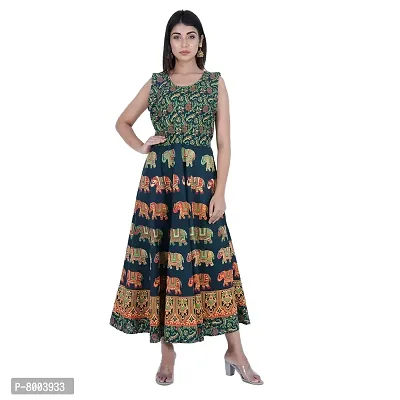 Rangun Presents Green Color Jaipuri Printed Long Women's Maxi one Piece Dress Free Size-thumb0