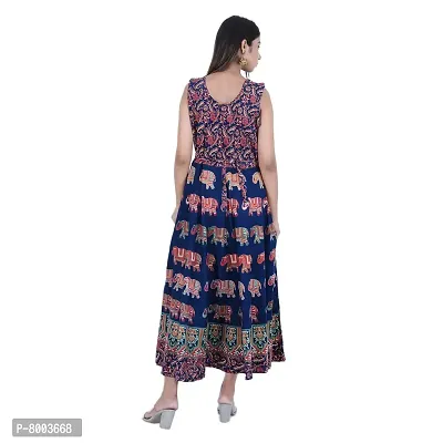 Rangun Presents Blue Color Jaipuri Printed Long Women's Maxi one Piece Dress Free Size-thumb2