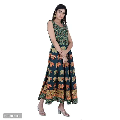 Rangun Presents Green Color Jaipuri Printed Long Women's Maxi one Piece Dress Free Size-thumb3