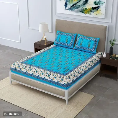 Rangun Turquoise Color Pure Cotton Jaipuri Traditional Double Bedsheet with 2 Pillow Cover(106_Turquoise_89)-thumb0