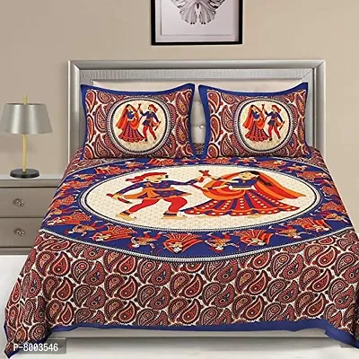 Rangun Cotton Traditional Print Double Bedsheet with 2 Pillow Cover - Blue (215 x 240 cm)