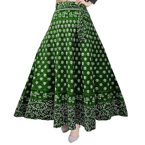 Rangun Women's Cotton Printed A-Line Skirt (Free Size) Wrap Around Green