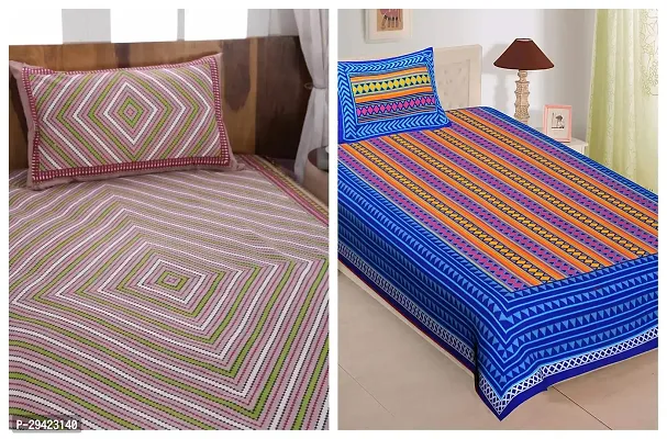 Comfortable Multicoloured Cotton Printed Single 2 Bedsheet + 2 Pillowcover Combo