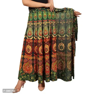 Rangun Women's Printed Cotton Wrap Around Skirt (Green, Free Size)-thumb3