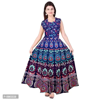 Rangun Women's Cotton Jaipuri Printed A-Line Maxi Long Dress (JPDRES_191, Free Size, Multicolor)-thumb0