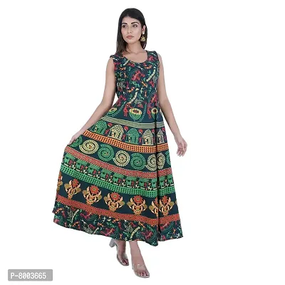 Rangun Presents Green Color Jaipuri Printed Long Women's Maxi one Piece Dress Free Size-thumb0