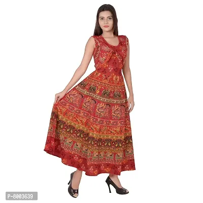 Rangun Cotton Women's Cotton Jaipuri Printed Maxi Long Dress (Free Size, Red)