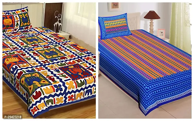 Comfortable Multicoloured Cotton Printed Single 2 Bedsheet + 2 Pillowcover Combo