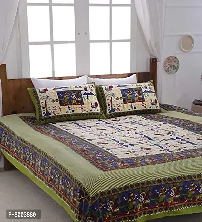 Rangun 100% Cotton Rajasthani Traditional Printed Double Bedsheet with 2 Pillow Cover-thumb0