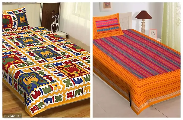 Comfortable Multicoloured Cotton Printed Single 2 Bedsheet + 2 Pillowcover Combo