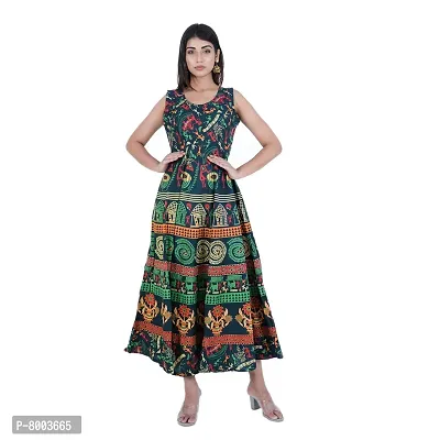 Rangun Presents Green Color Jaipuri Printed Long Women's Maxi one Piece Dress Free Size-thumb4