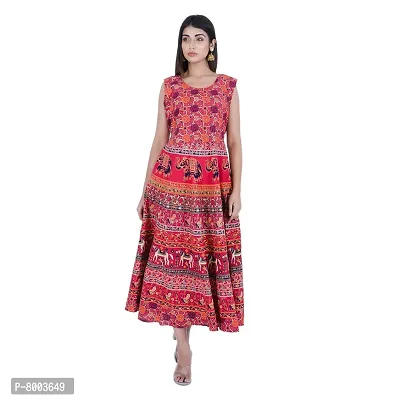 Rangun Presents Red Color Jaipuri Printed Long Women's Maxi one Piece Dress Free Size-thumb3