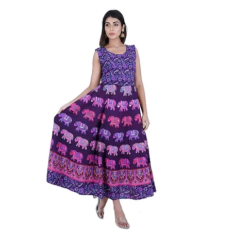 Rangun Presents Blue Color Jaipuri Printed Long Women's Maxi one Piece Dress Free Size
