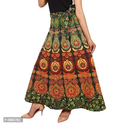 Rangun Women's Printed Cotton Wrap Around Skirt (Green, Free Size)-thumb0