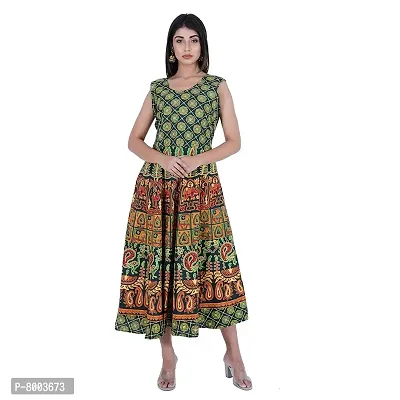 Rangun Presents Green Color Jaipuri Printed Long Women's Maxi one Piece Dress Free Size