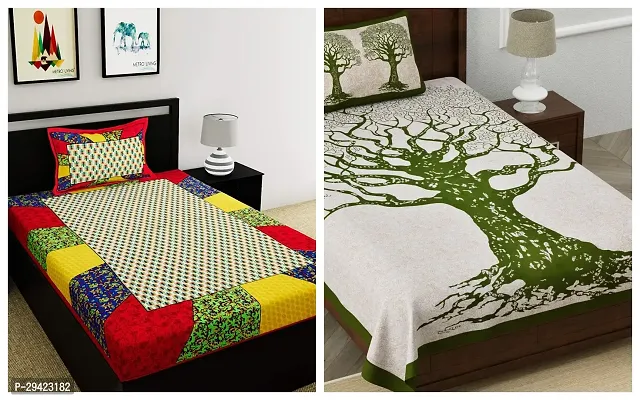 Comfortable Multicoloured Cotton Printed Single 2 Bedsheet + 2 Pillowcover Combo