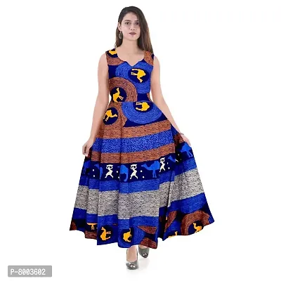 Rangun Women's Cotton Printed Blue Maxi Dress (Free Size)
