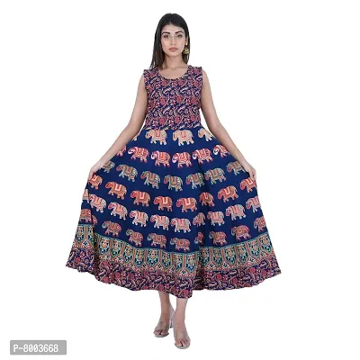 Rangun Presents Blue Color Jaipuri Printed Long Women's Maxi one Piece Dress Free Size-thumb5