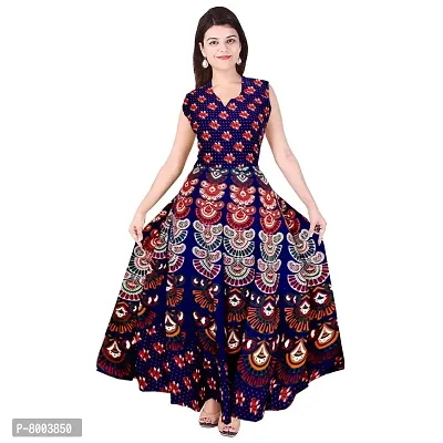 Rangun Women's Cotton Jaipuri Printed A-Line Maxi Long Dress (JPDRES_182, Multicolor, Free Size)-thumb0