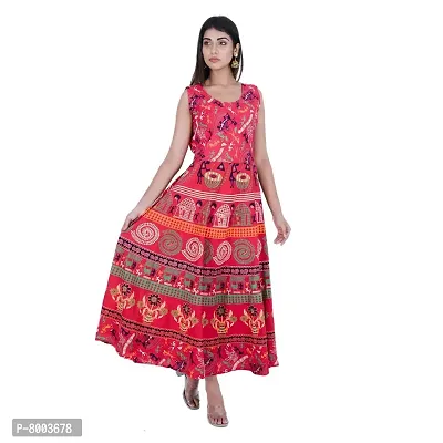 Rangun Presents Red Color Jaipuri Printed Long Women's Maxi one Piece Dress Free Size