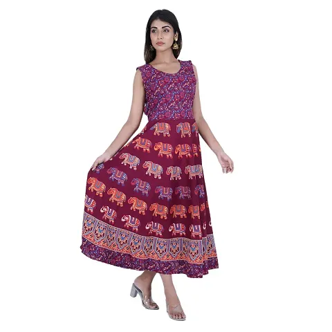 Rangun Presents Blue Color Jaipuri Printed Long Women's Maxi one Piece Dress Free Size