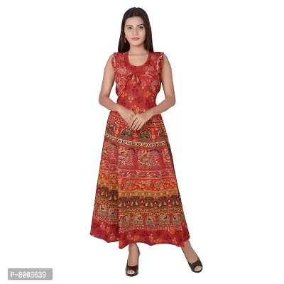 Rangun Cotton Women's Cotton Jaipuri Printed Maxi Long Dress (Free Size, Red)-thumb2