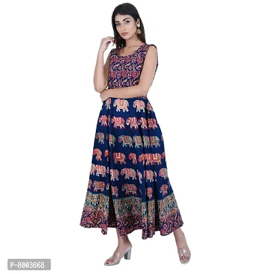 Rangun Presents Blue Color Jaipuri Printed Long Women's Maxi one Piece Dress Free Size-thumb4