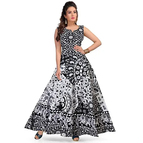 Jaipuri Print Maxi Length Cotton Flared Indowestern Dresses