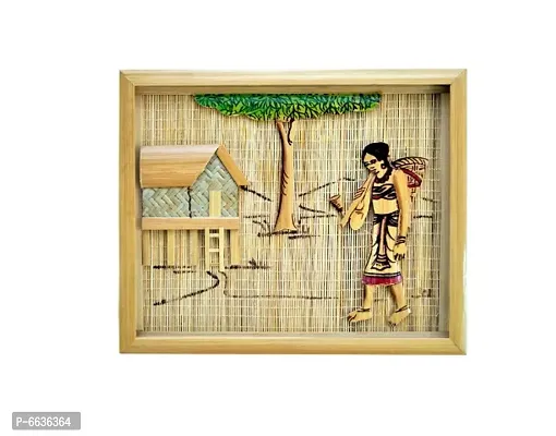 Painting Of Hut With Tribal Lady Village Life Bamboo Design Handicrafted Mordern Interior Wall Hangings for Living room and guest room home decor Items and Wall Decor (Frame) 25*20 CM-thumb0