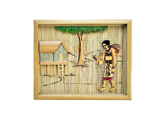 Painting Of Hut With Tribal Lady Village Life Bamboo Design Handicrafted Mordern Interior Wall Hangings for Living room and guest room home decor Items and Wall Decor (Frame) 25*20 CM