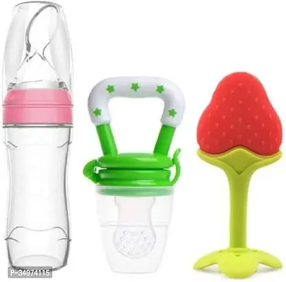 Feeding Milk Bottle Food Feeder and Baby Fruit Nibbler Soother and Silicone Teether (Combo Pack of 3)-thumb0