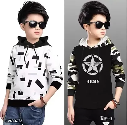 Kids Boys  Girls Hooded Neck Full Sleeves Regular Fit Pure Cotton Camouflage Printed, Army Print, Military Printed T Shirt, Pack of 2