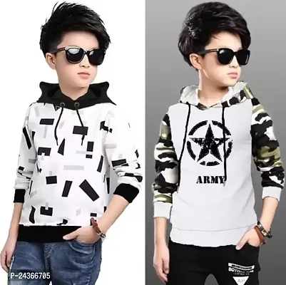 Kids Boys  Girls Hooded Neck Full Sleeves Regular Fit Pure Cotton Camouflage Printed, Army Print, Military Printed T Shirt, Pack of 2