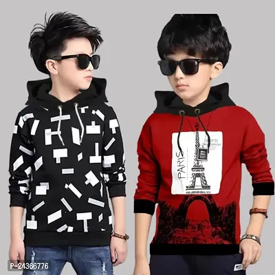 Kids Boys  Girls Hooded Neck Full Sleeves Regular Fitted Pure Cotton Printed T Shirt, Pack of 2