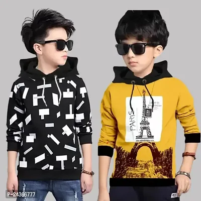 Kids Boys  Girls Hooded Neck Full Sleeves Regular Fitted Pure Cotton Printed T Shirt, Pack of 2